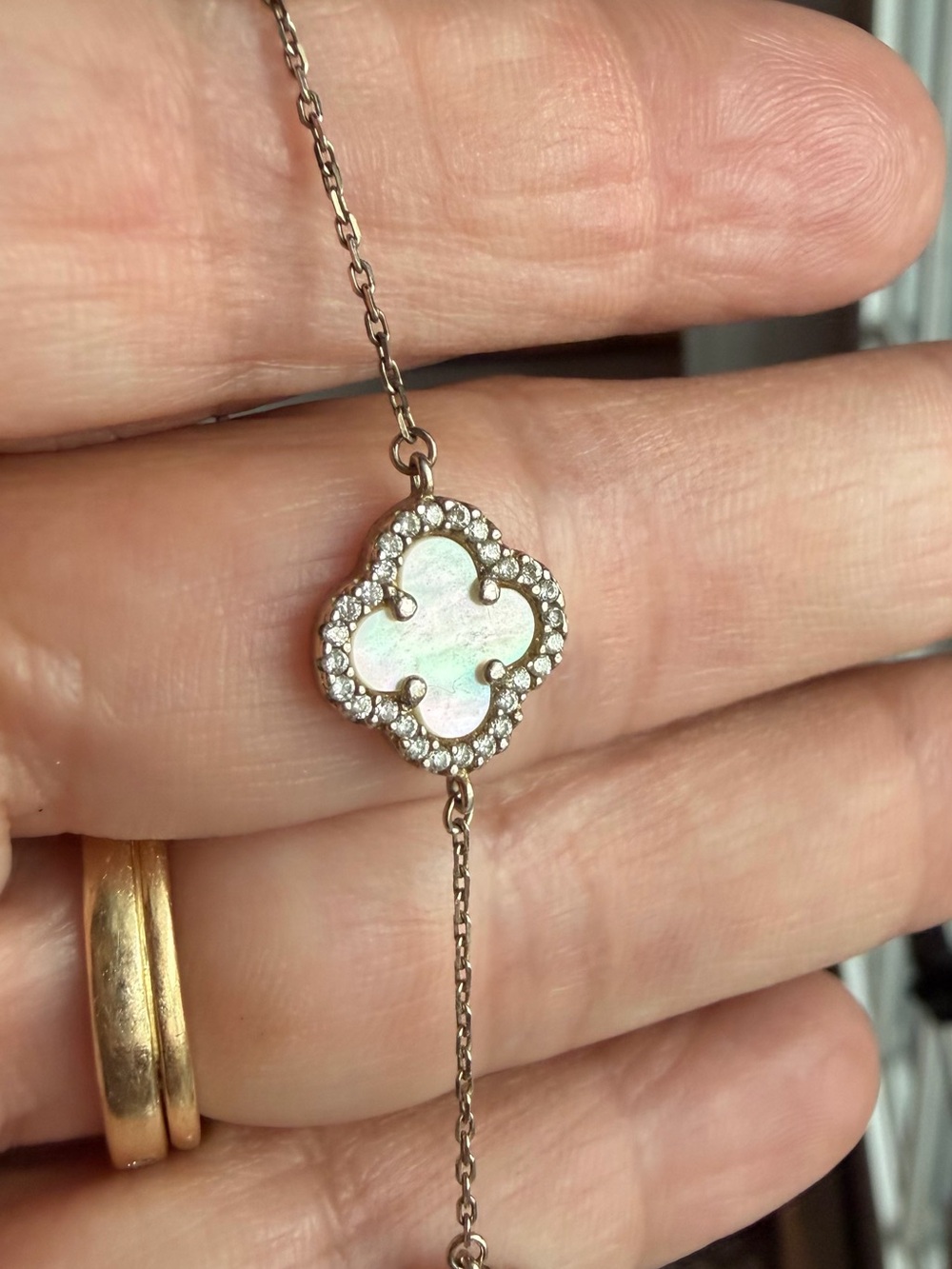 White Mother-of-Pearl Clover Bracelet with Crystals. Sterling - Picture 2 of 4